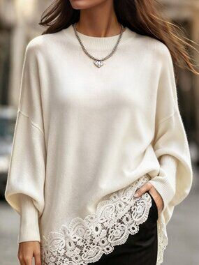 Beige Cssual Women's Oversized Round Neck Lace Trim Pullover